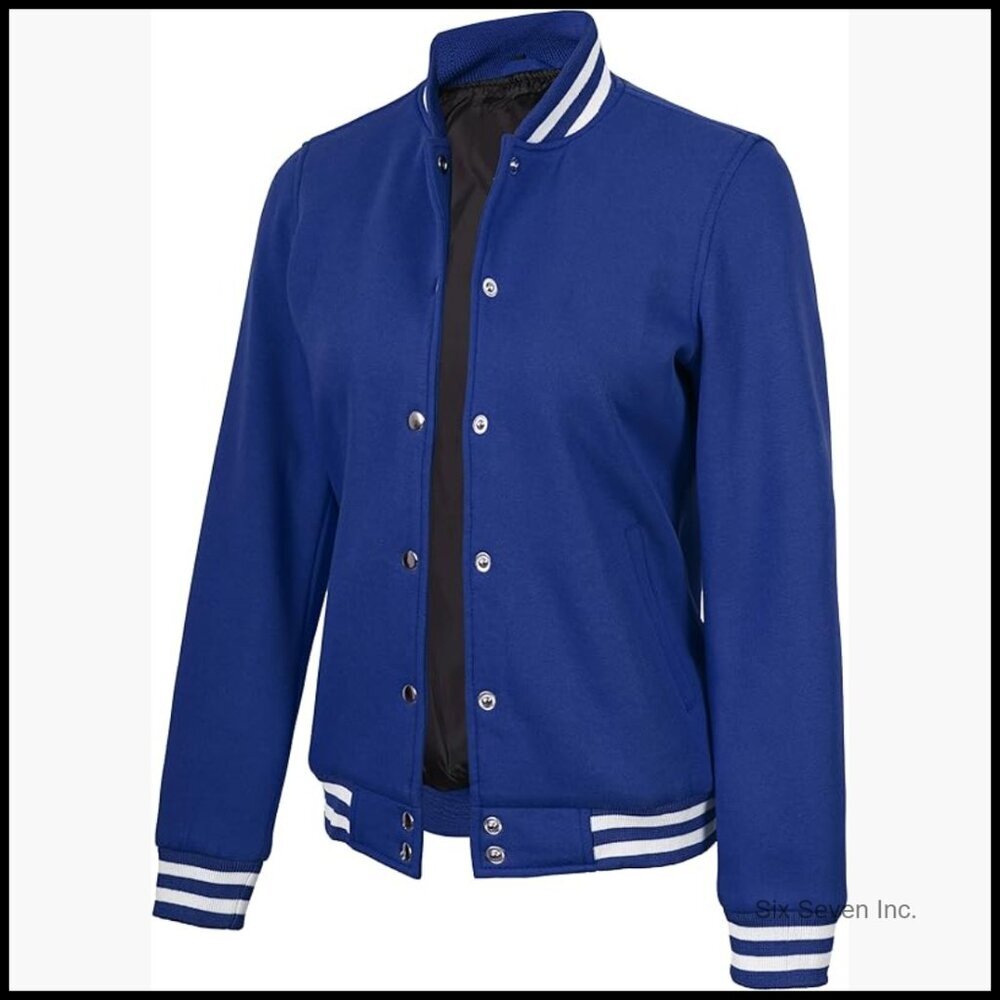 Fleece Varsity Bomber Jacket with Button Closure and Pockets